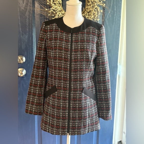 Kasper women's collarless tweed blazer with a plaid pattern size 6 - Picture 2 of 13
